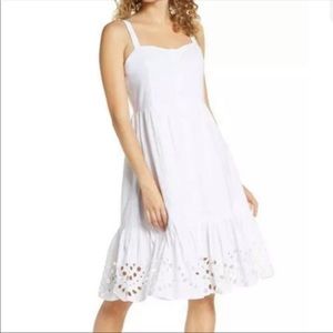 French Connection White Ancolie Border Button Front Sleeveless Eyelet Mini Dress